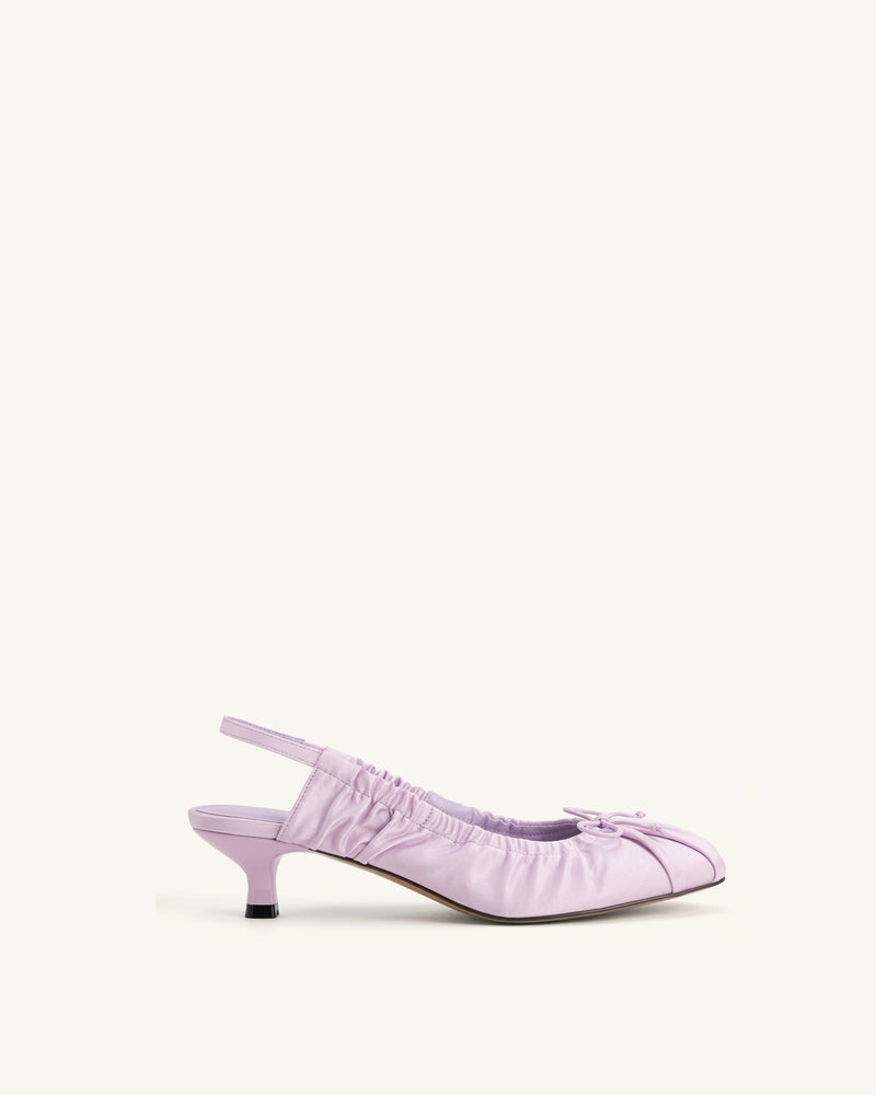 Solenne Satin Bow Ruched Slingback Pumps - Purple