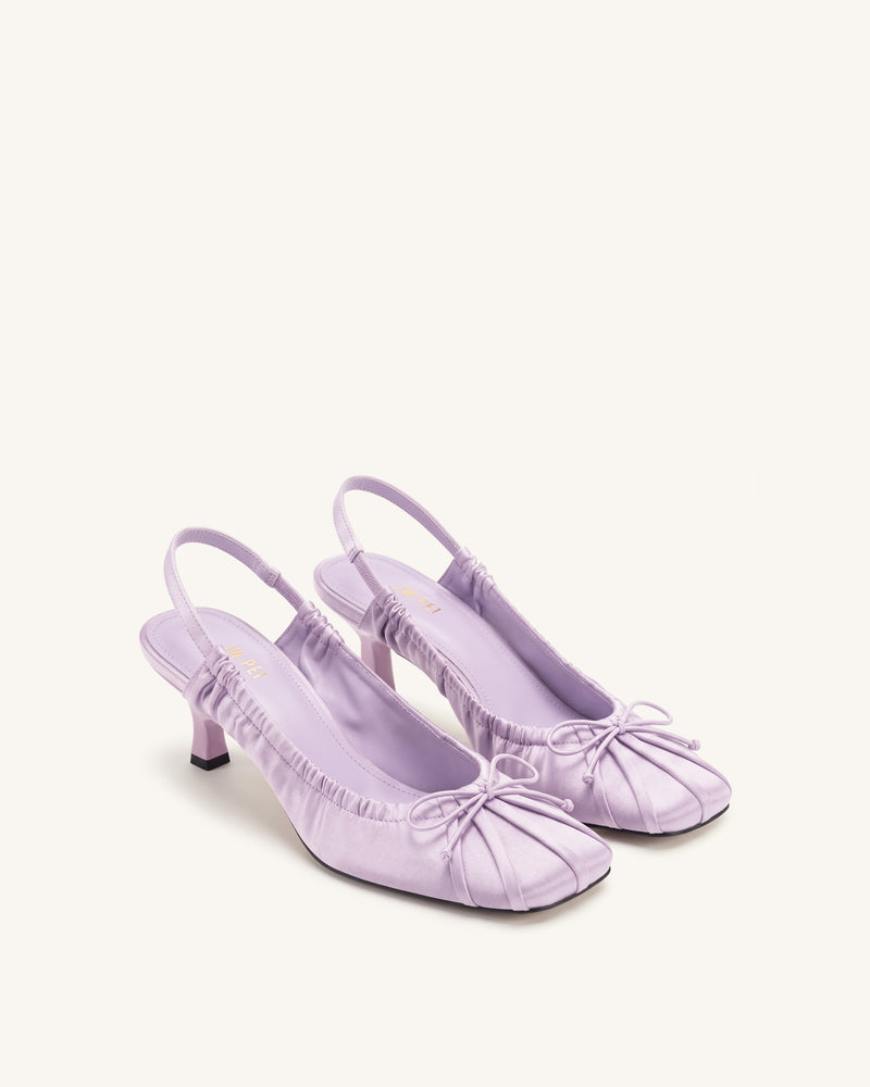 Solenne Satin Bow Ruched Slingback Pumps - Purple