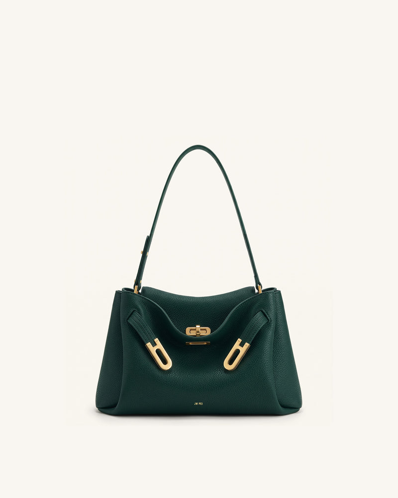 Rhea Pebbled Double Buckle Shoulder Bag - Dark Green