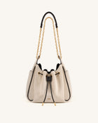 Rowan Ruched Drawstring Chain Bucket Bag - Black Canvas