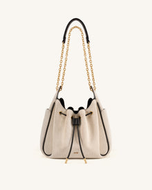Rowan Ruched Drawstring Chain Bucket Bag - Black Canvas