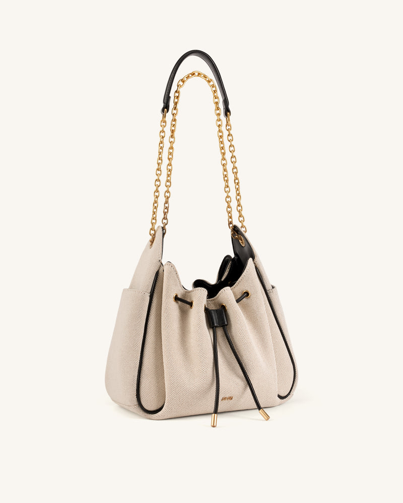 Rowan Ruched Drawstring Chain Bucket Bag - Black Canvas