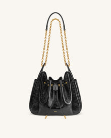 Rowan Ruched Drawstring Chain Bucket Bag - Jet Black