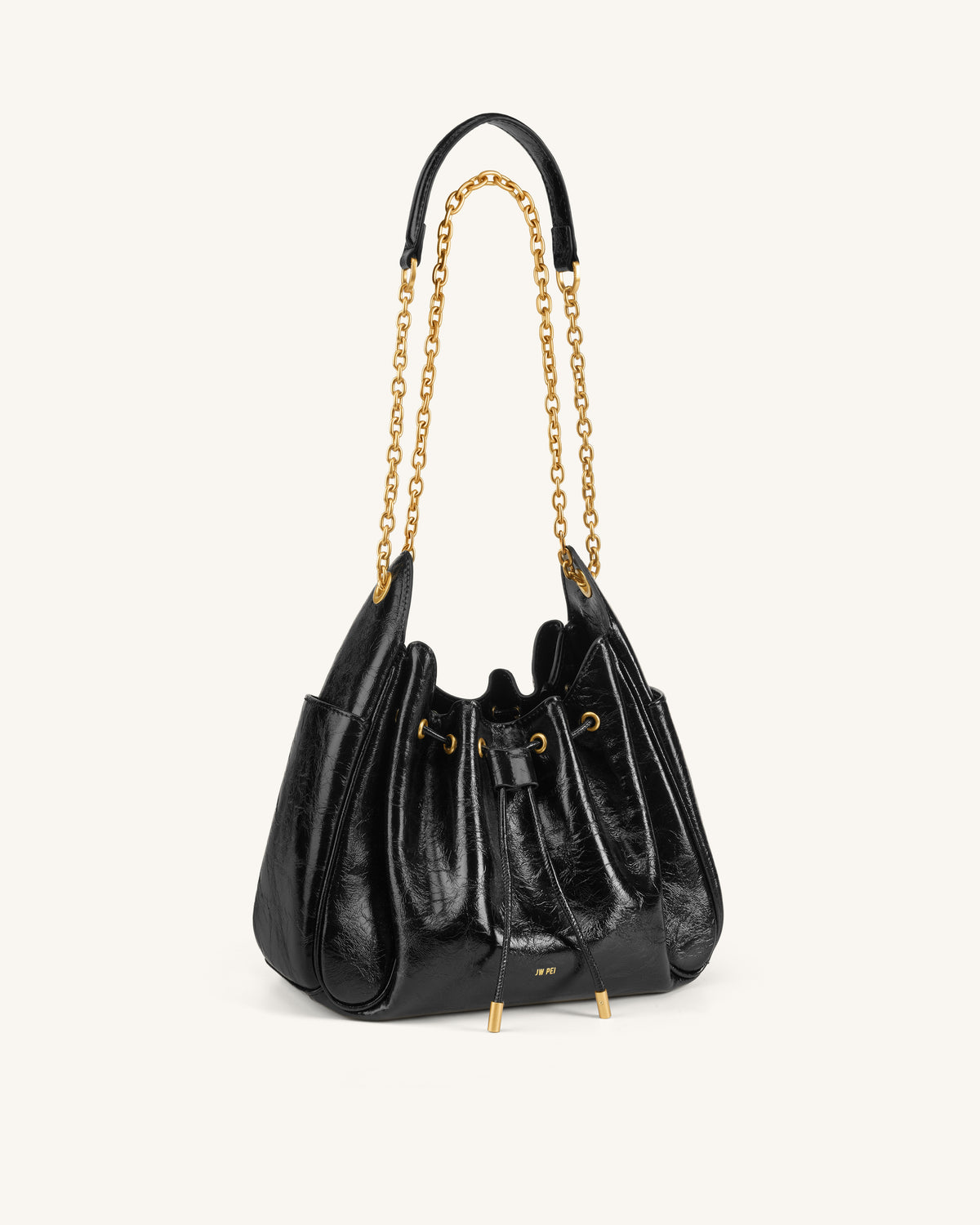 Rowan Ruched Drawstring Chain Bucket Bag - Jet Black