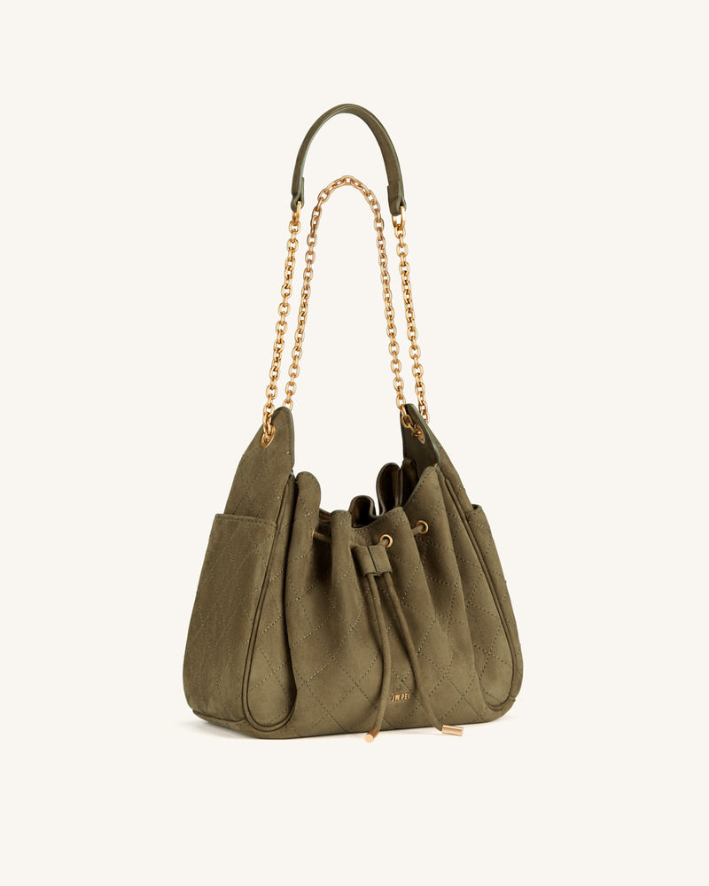 Rowan Faux Suede Quilted Chain Bucket Bag - Olive Green