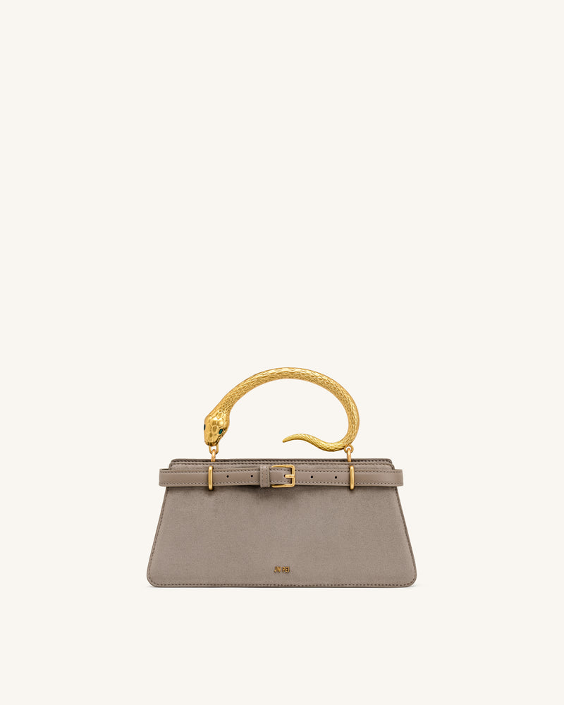 Elena Snake Handle Faux Suede Top Handle Bag - Taupe