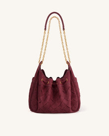 Rowan Faux Suede Weaving Ruched Drawstring Chain Bucket Bag - Dark Cherry