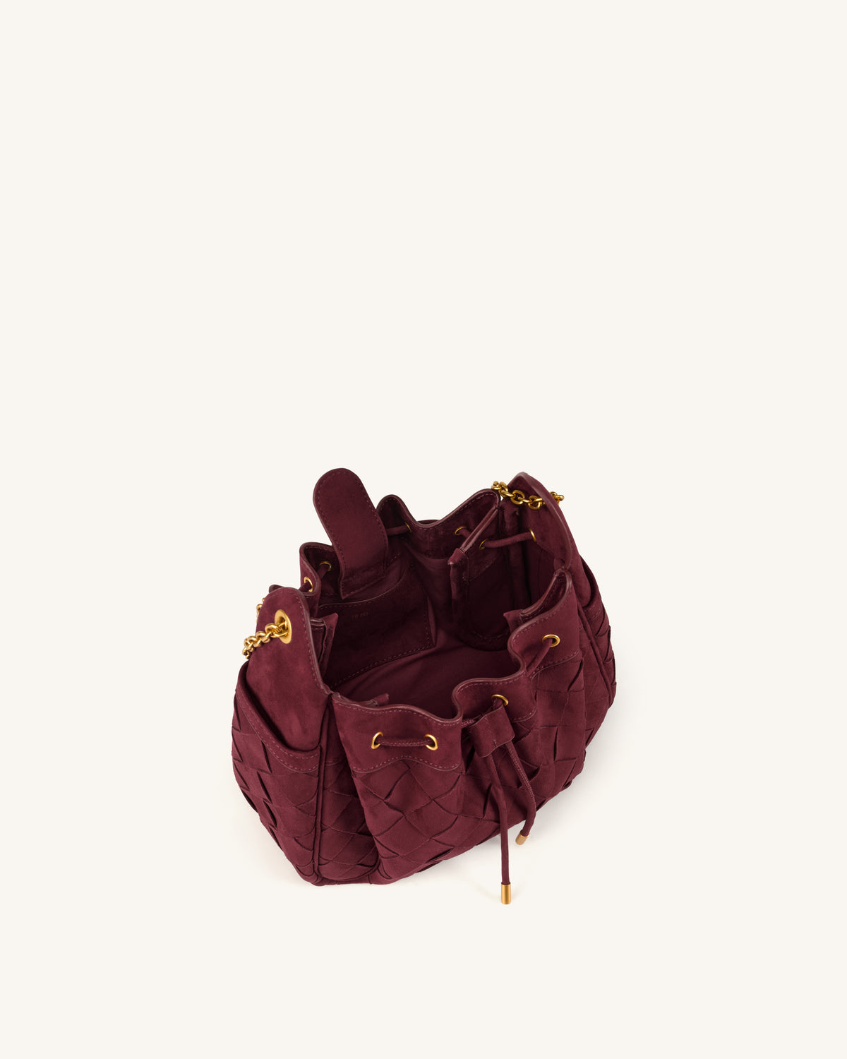 Rowan Faux Suede Weaving Ruched Drawstring Chain Bucket Bag - Dark Cherry