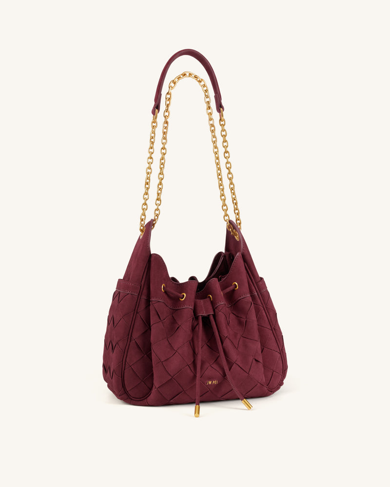 Rowan Faux Suede Weaving Ruched Drawstring Chain Bucket Bag - Dark Cherry