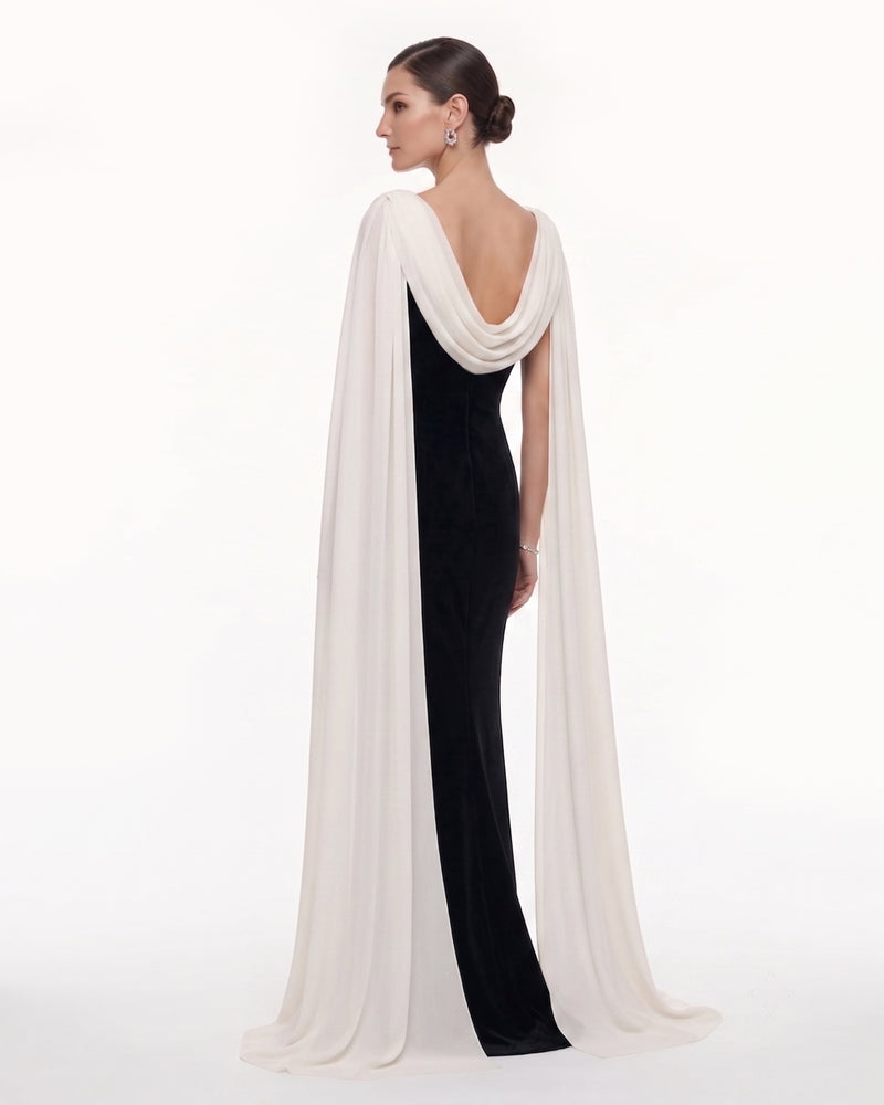 Cowl Neck Sheer Cape Maxi Gown - Black & White