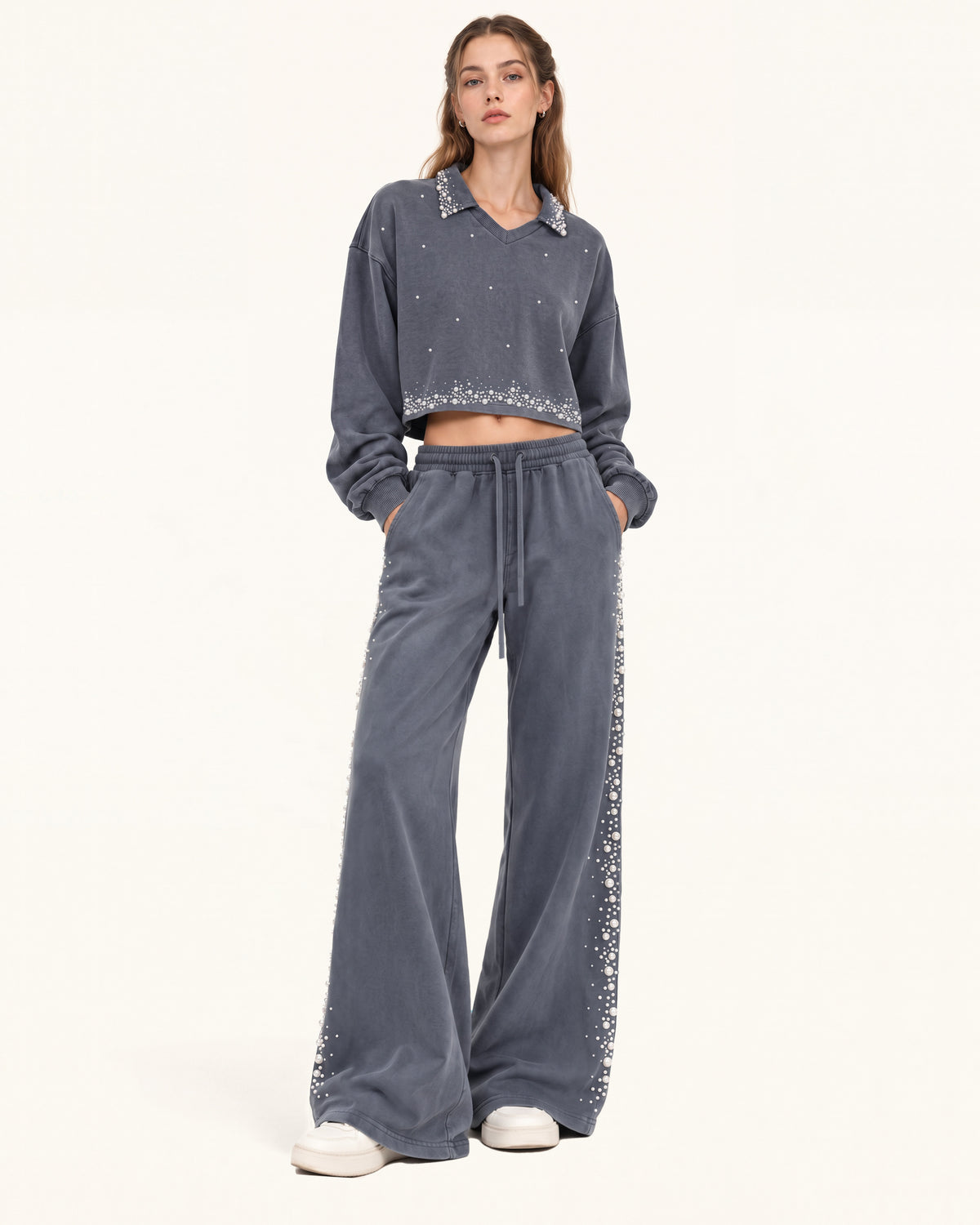 Gradient Pearl Trim Cropped Sweatshirt - Washed Slate