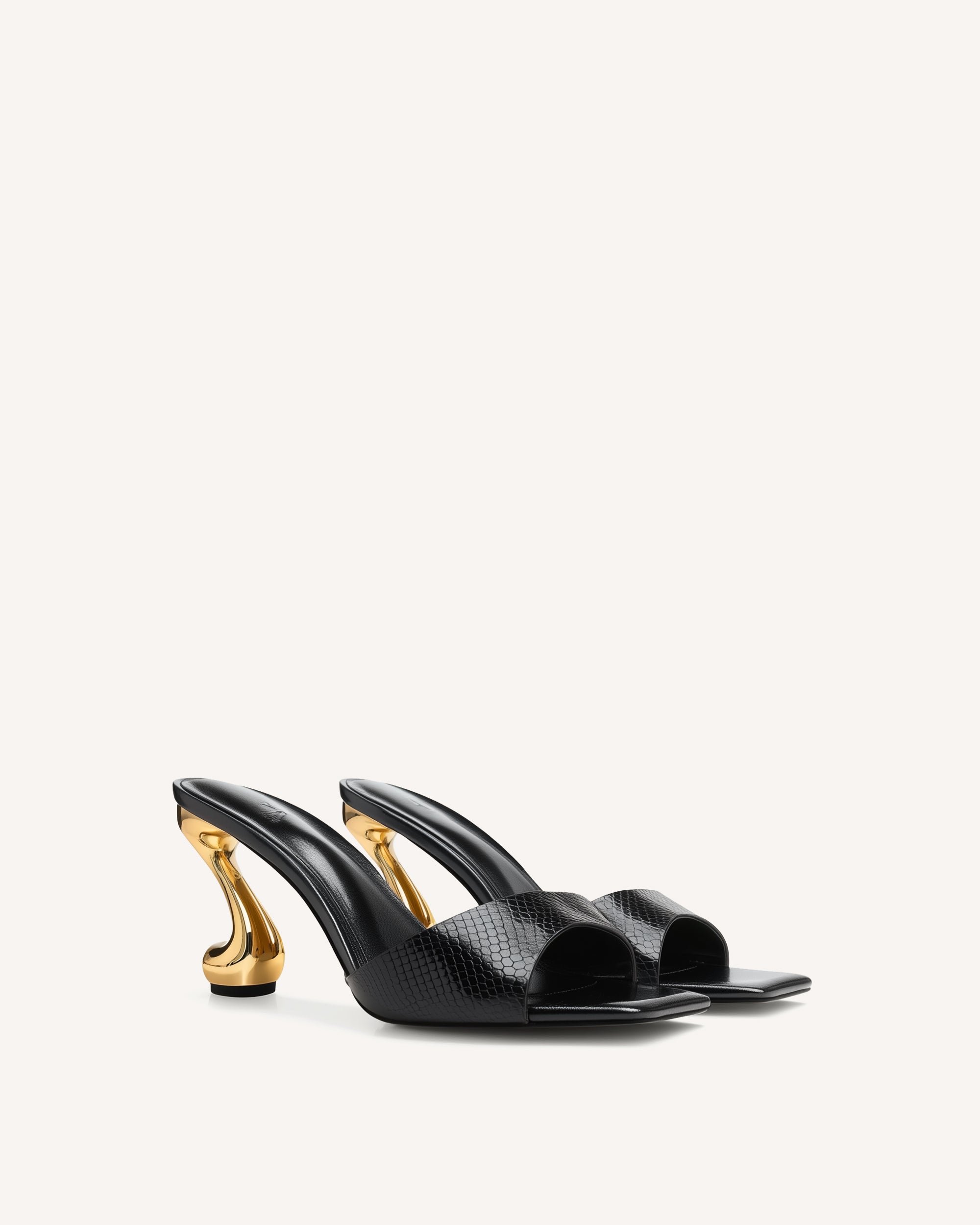 Hannah Faux Snakeskin Heel Mules - Black
