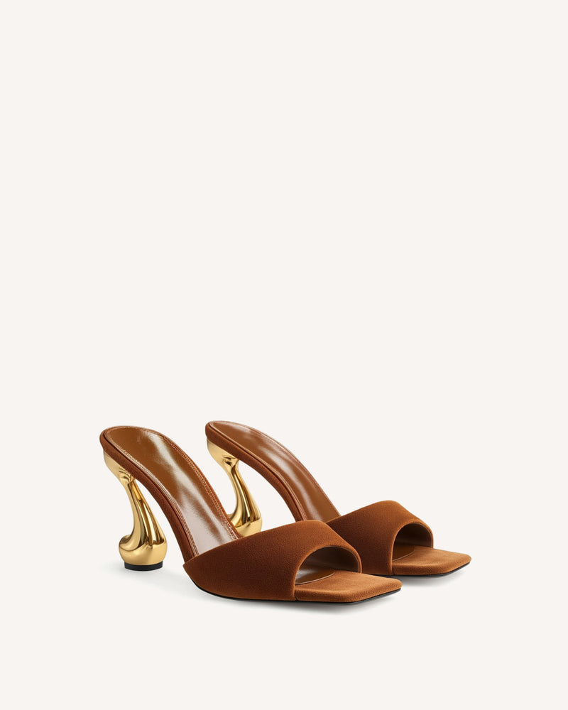 Hannah Faux Suede Heel Mules - Brown