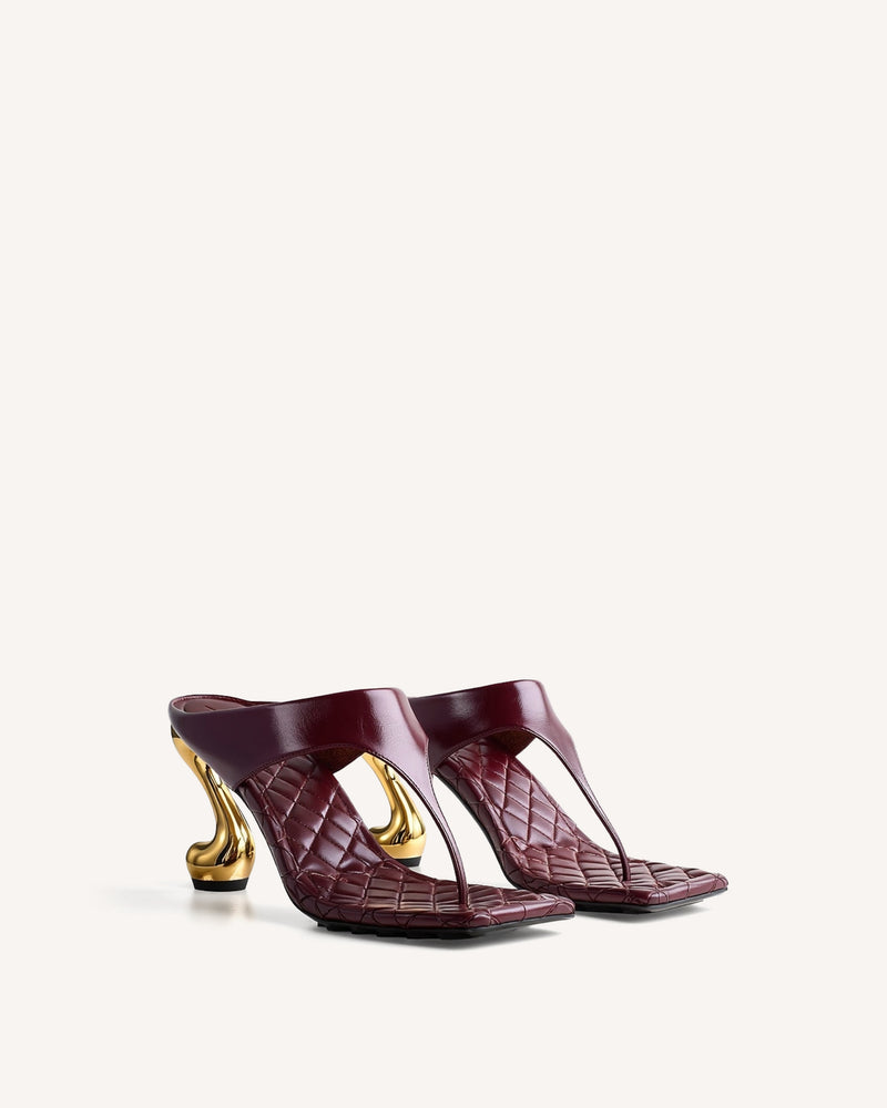 Hannah Quilted Thong Heel Mules - Burgundy