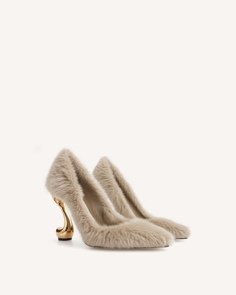 Hannah Faux Fur Heel Pumps - Beige