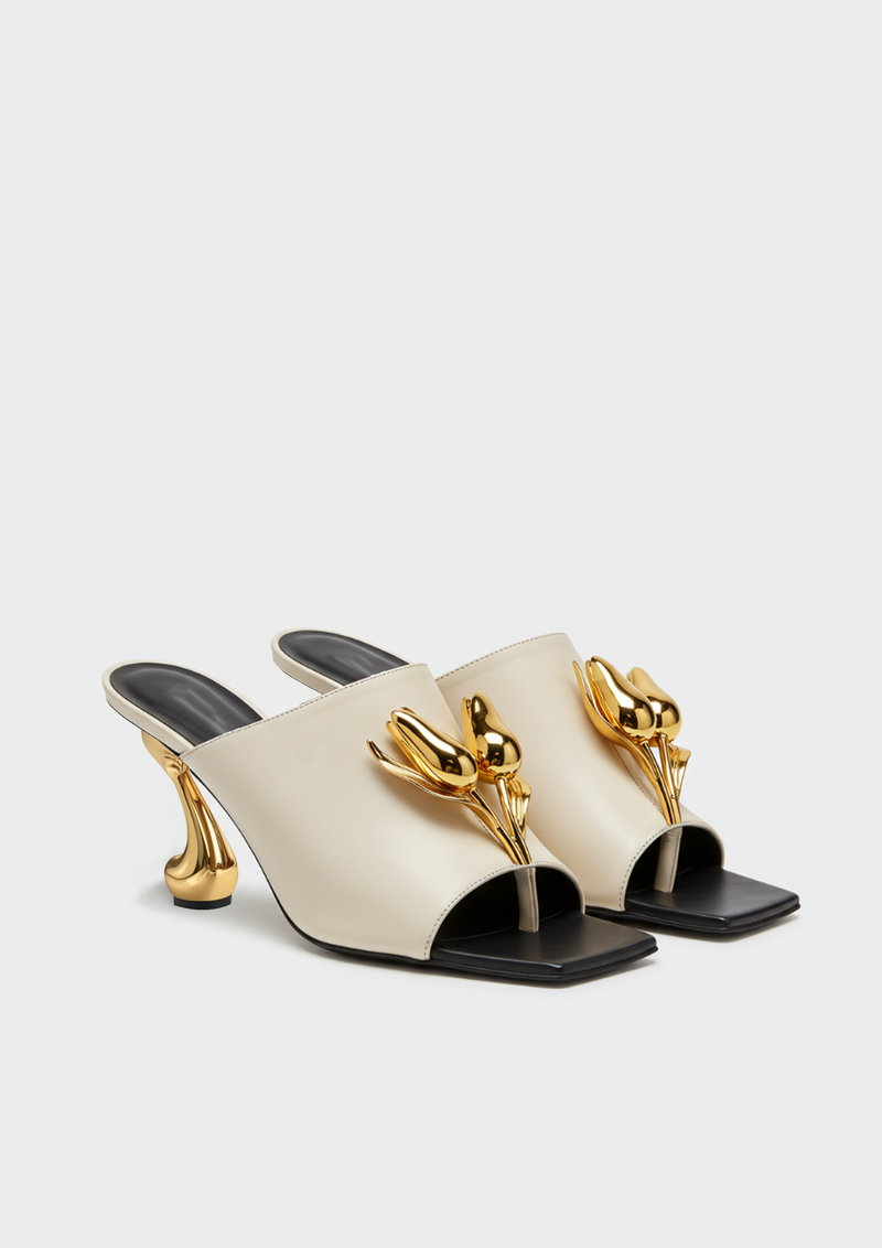 Hannah Floral Embellished Heel Mules - Beige