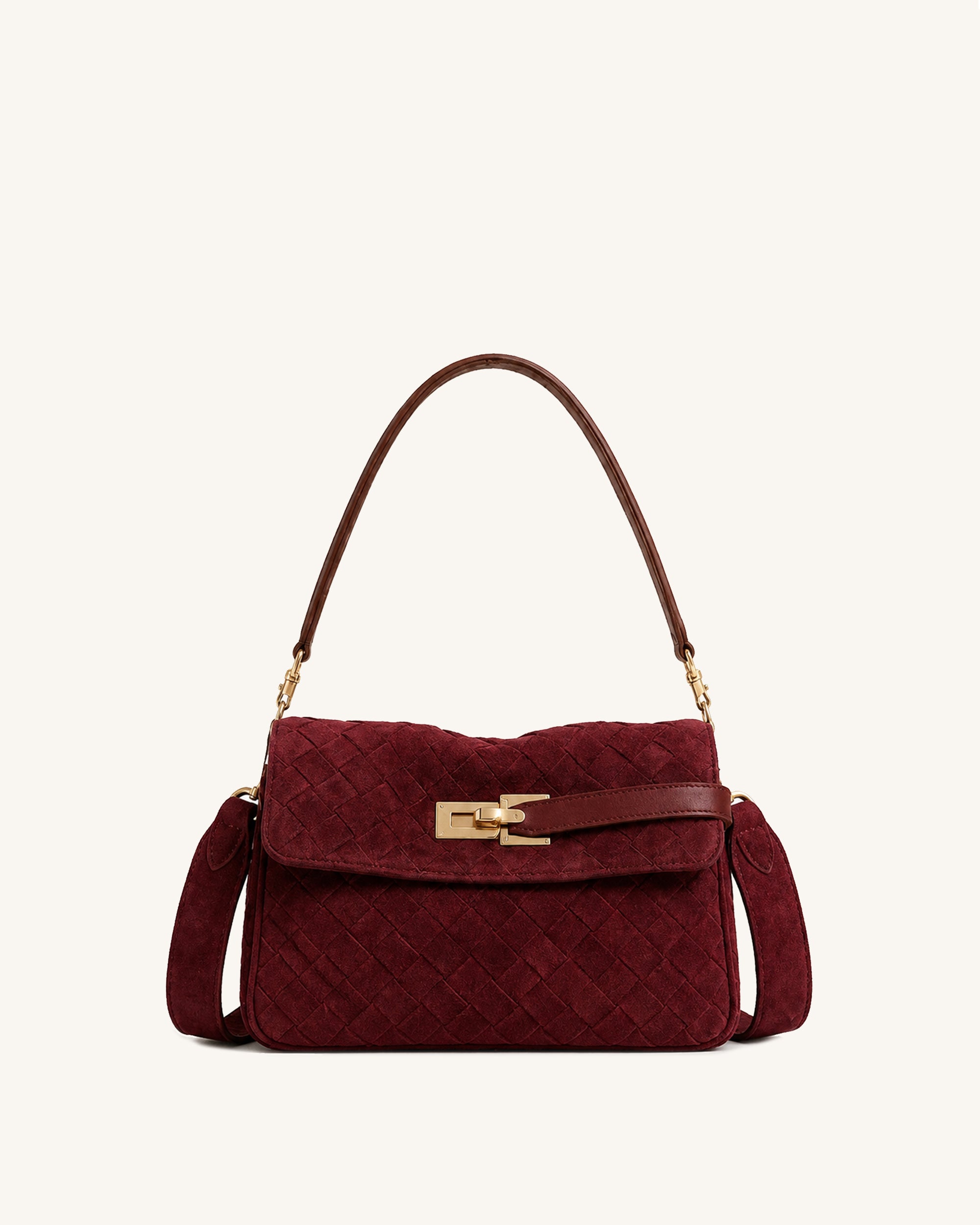 Keyla Faux Suede Woven Belt Lock Shoulder Bag - Red
