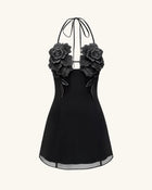 Flower Embroidered Mini Dress - Black