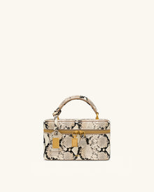 Cleo Snake-Embossed Box Shape Top Handle Bag - Beige