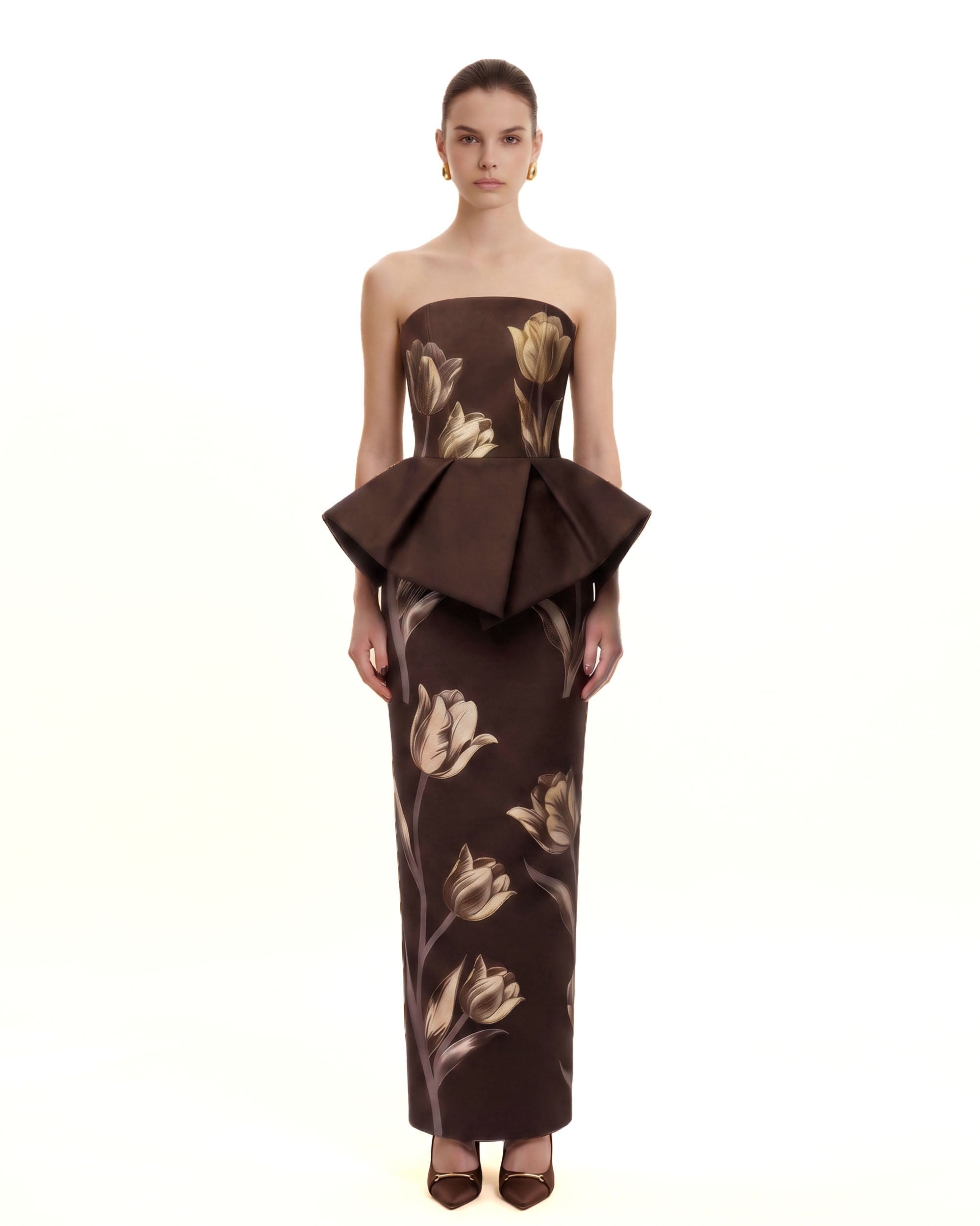 Tulip Floral Peplum Strapless Maxi Dress - Brown