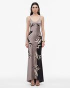 Bird Of Paradise Print V-Neck Satin Cami Maxi Dress - Taupe