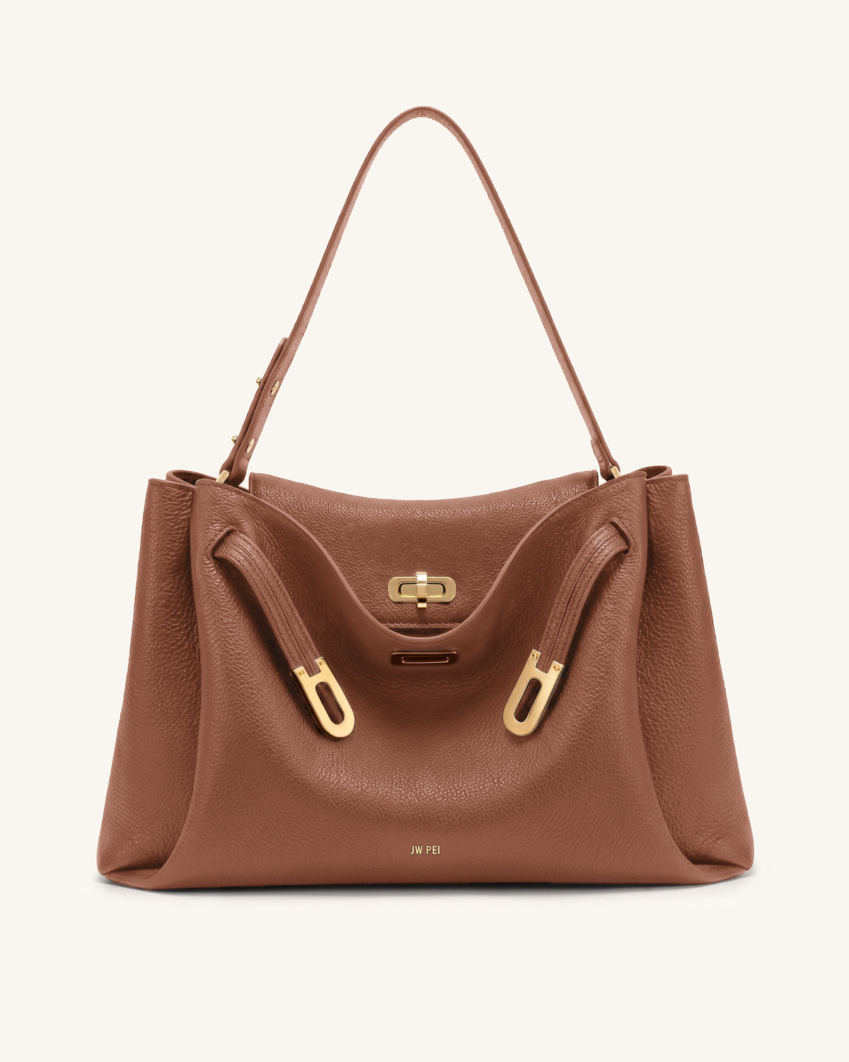 Rhea Large Pebbled Double Buckle Shoulder Bag - Reddish Brown
