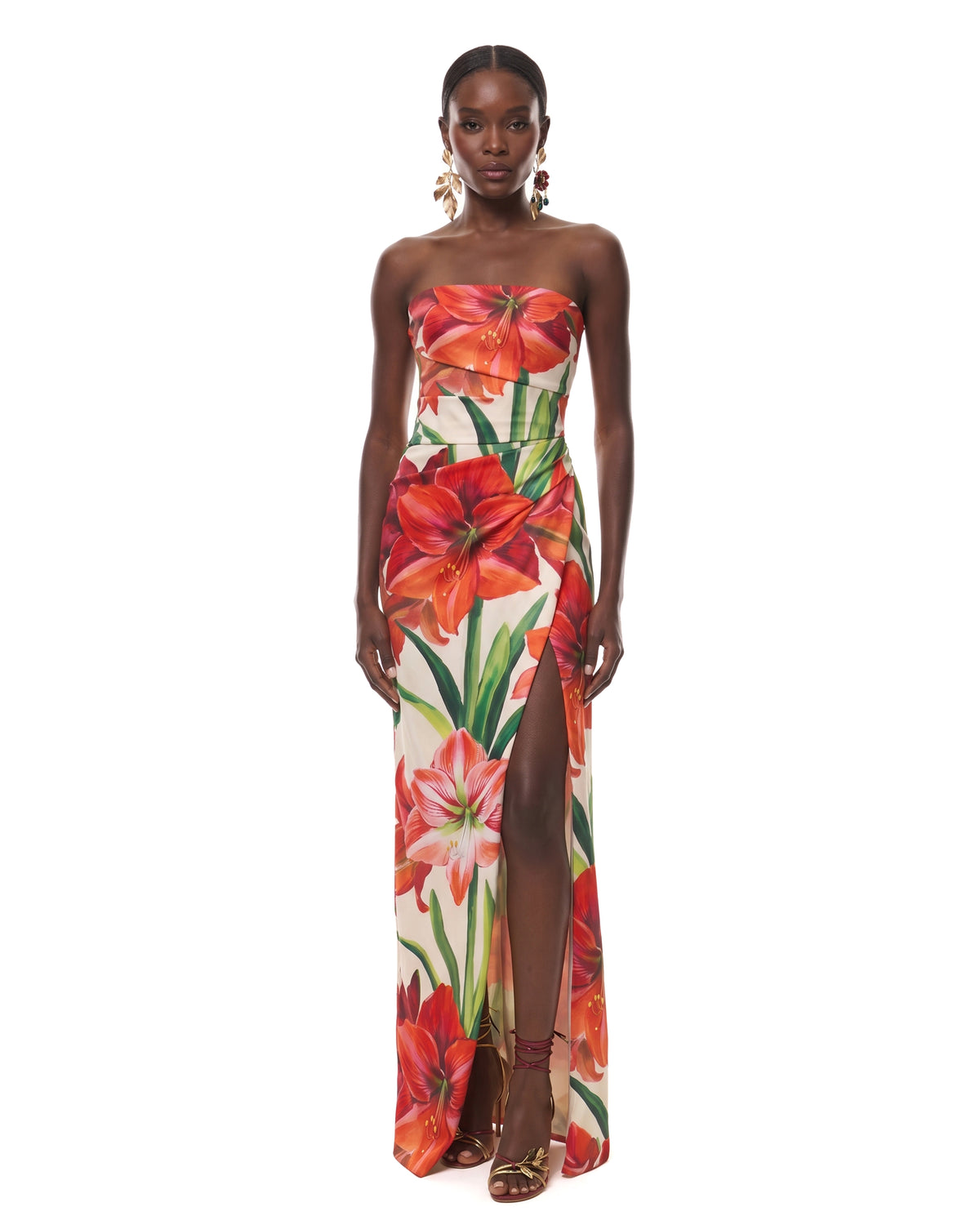 Floral Printed Strapless High-Slit Column Gown - Multi