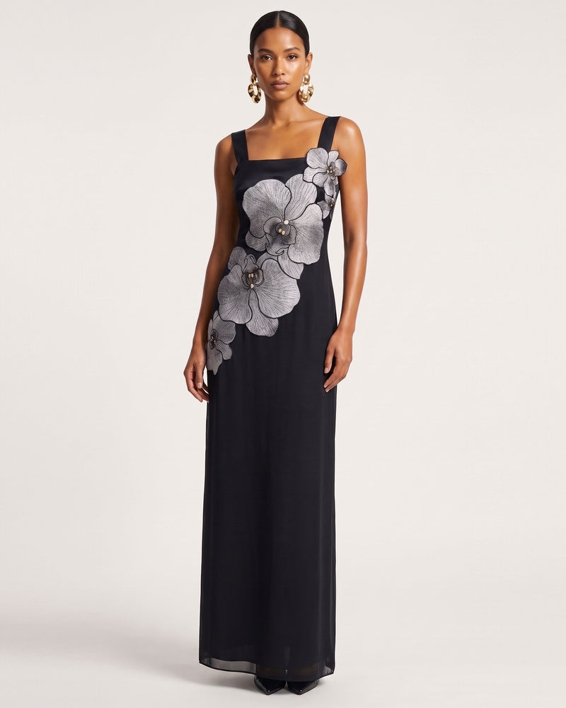 Orchid Embroidered Square Neck Column Maxi Dress - Black