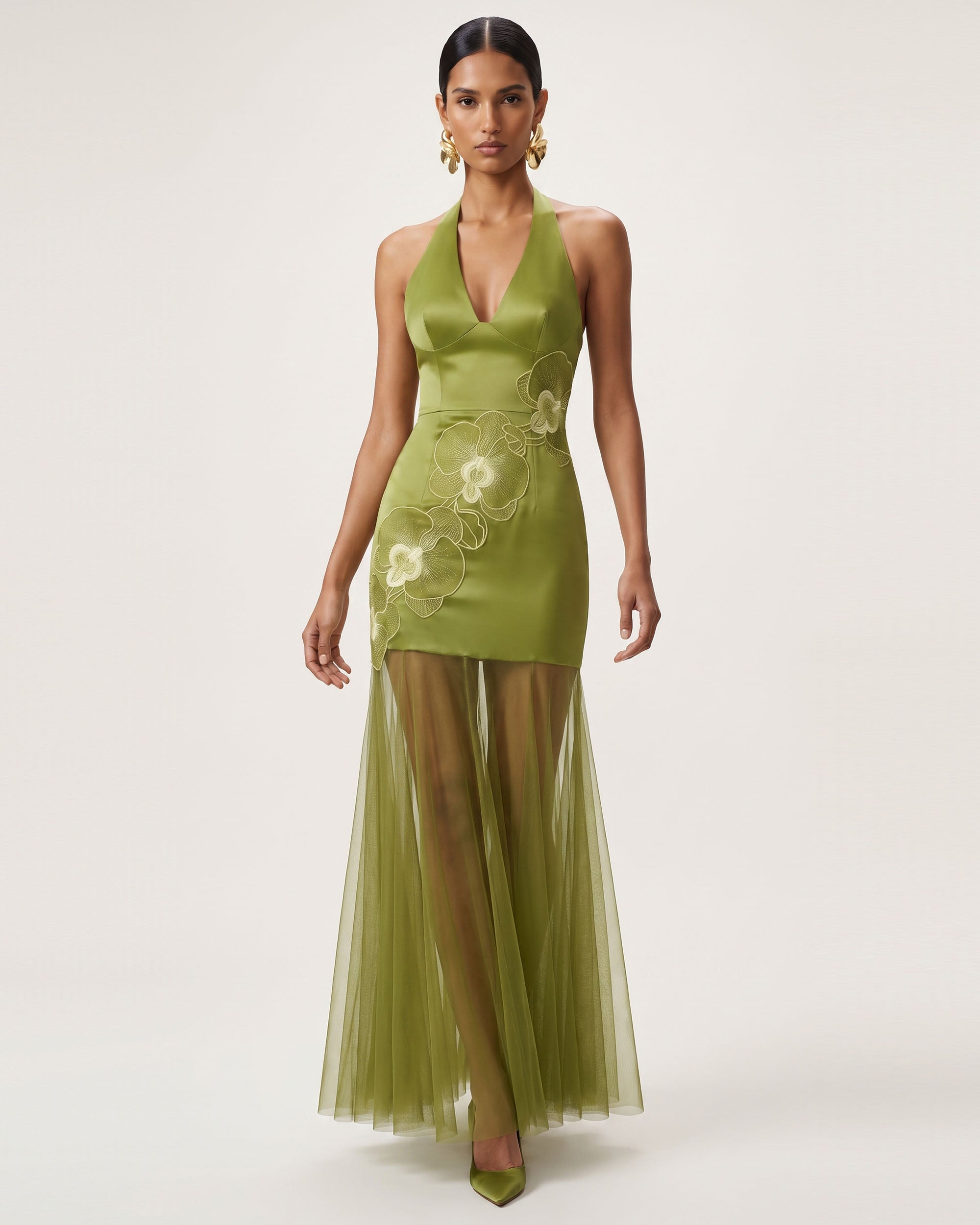 Orchid Embroidered Sheer Hem Halter Maxi Dress - Olive