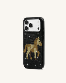 Golden Horse Artificial Crystal Phone Case - Black