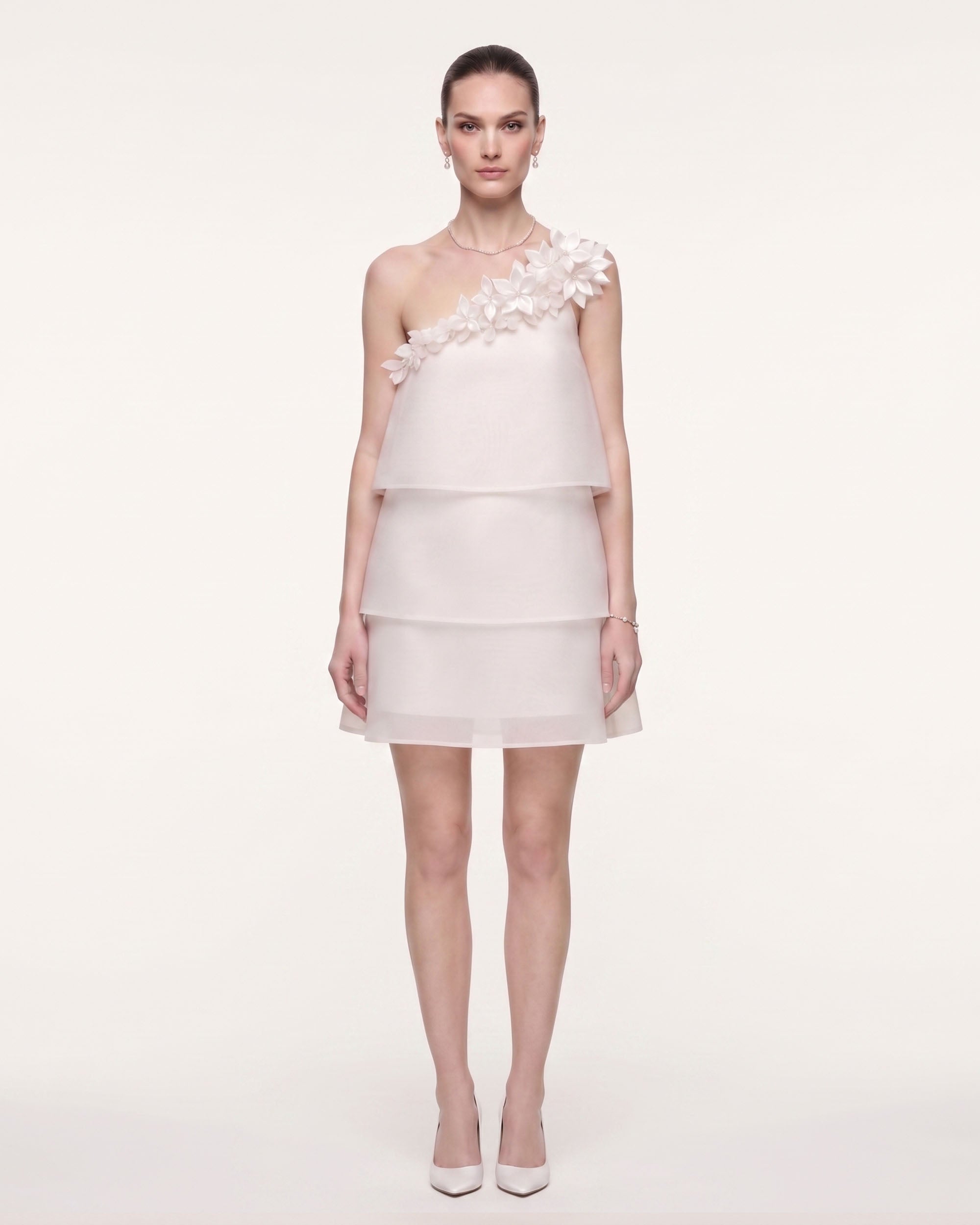3D Floral Appliqué One-Shoulder Tiered Mini Dress - Ivory