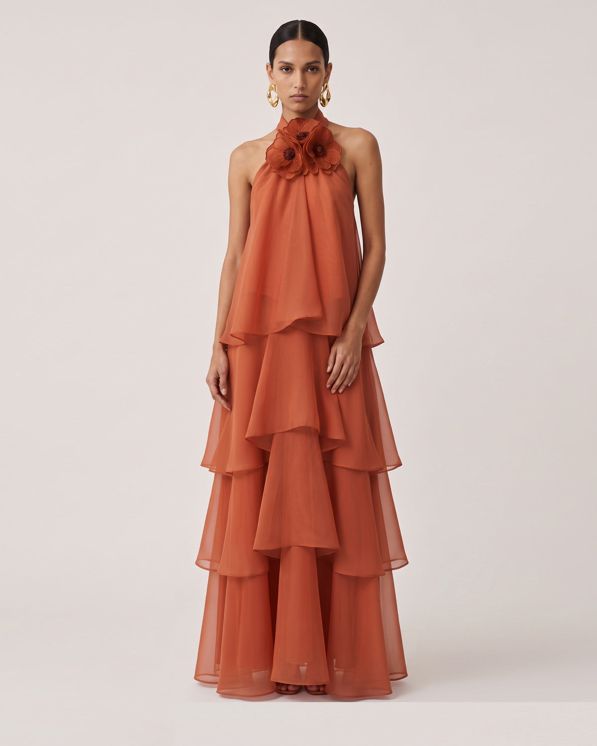 Poppy Embroidered Halter Tiered Ruffle Maxi Dress - Burnt Orange