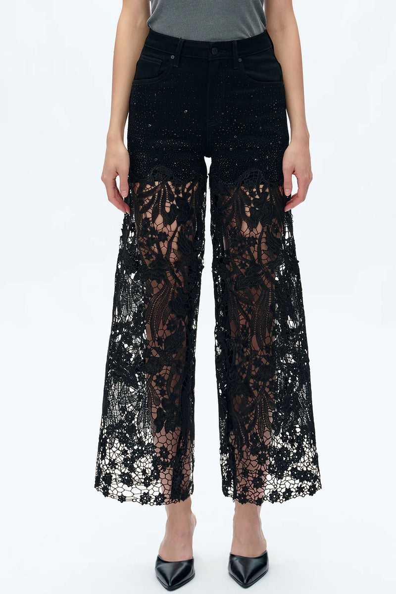 Embroidery High Rise Wide Leg Lace Denim Jeans With Rhinestone - Black