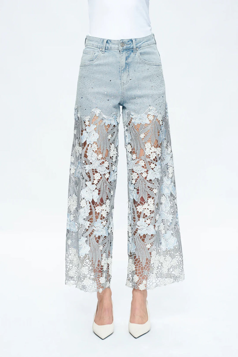 Embroidery High Rise Wide Leg Lace Denim Jeans With Rhinestone - Light Blue