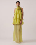 Poppy Embroidered Halter Tiered Ruffle Maxi Dress - Lime Green
