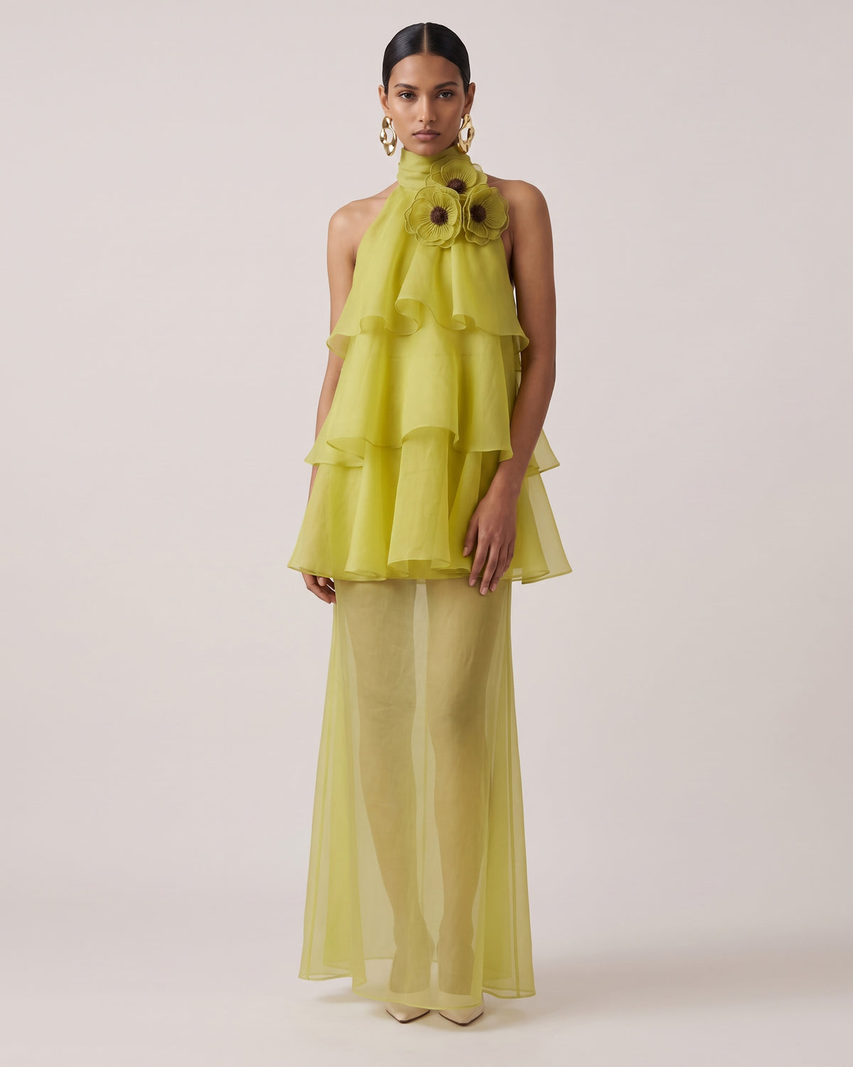 Poppy Embroidered Halter Tiered Ruffle Maxi Dress - Lime Green