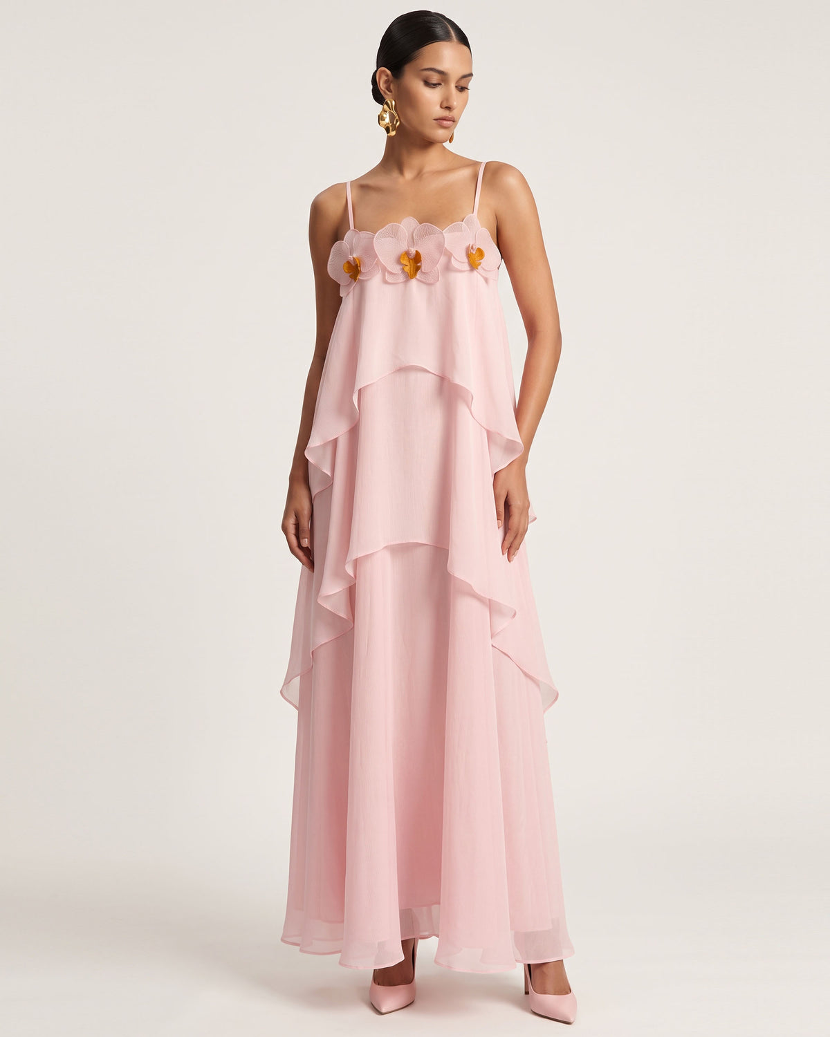 Orchid Embroidered Saghetti Strap Layered Ruffle Maxi Dress - Blush Pink