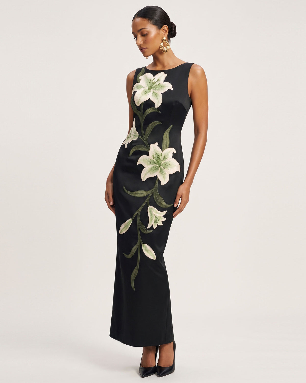 Lily Floral Print Sleeveless Column Maxi Dress - Black