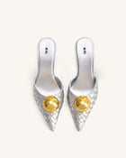 Sofia Woven Sphere Heel Mules - Silver & Gold