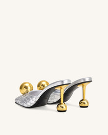 Sofia Woven Sphere Heel Mules - Silver & Gold