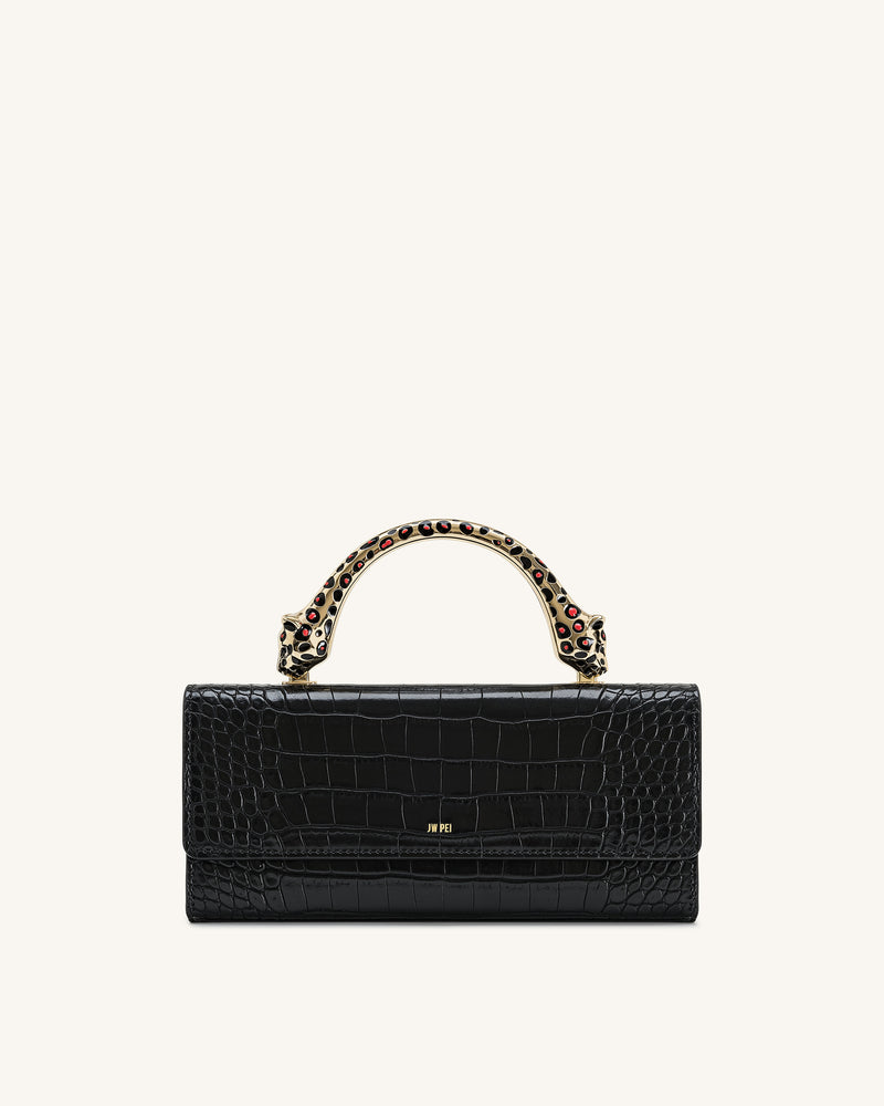 Maya Leopard-Shaped Hardware Handle Top Handle Bag - Black Croc