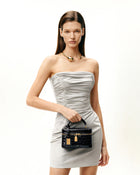 Cleo Box Shape Top Handle Bag - Black Croc