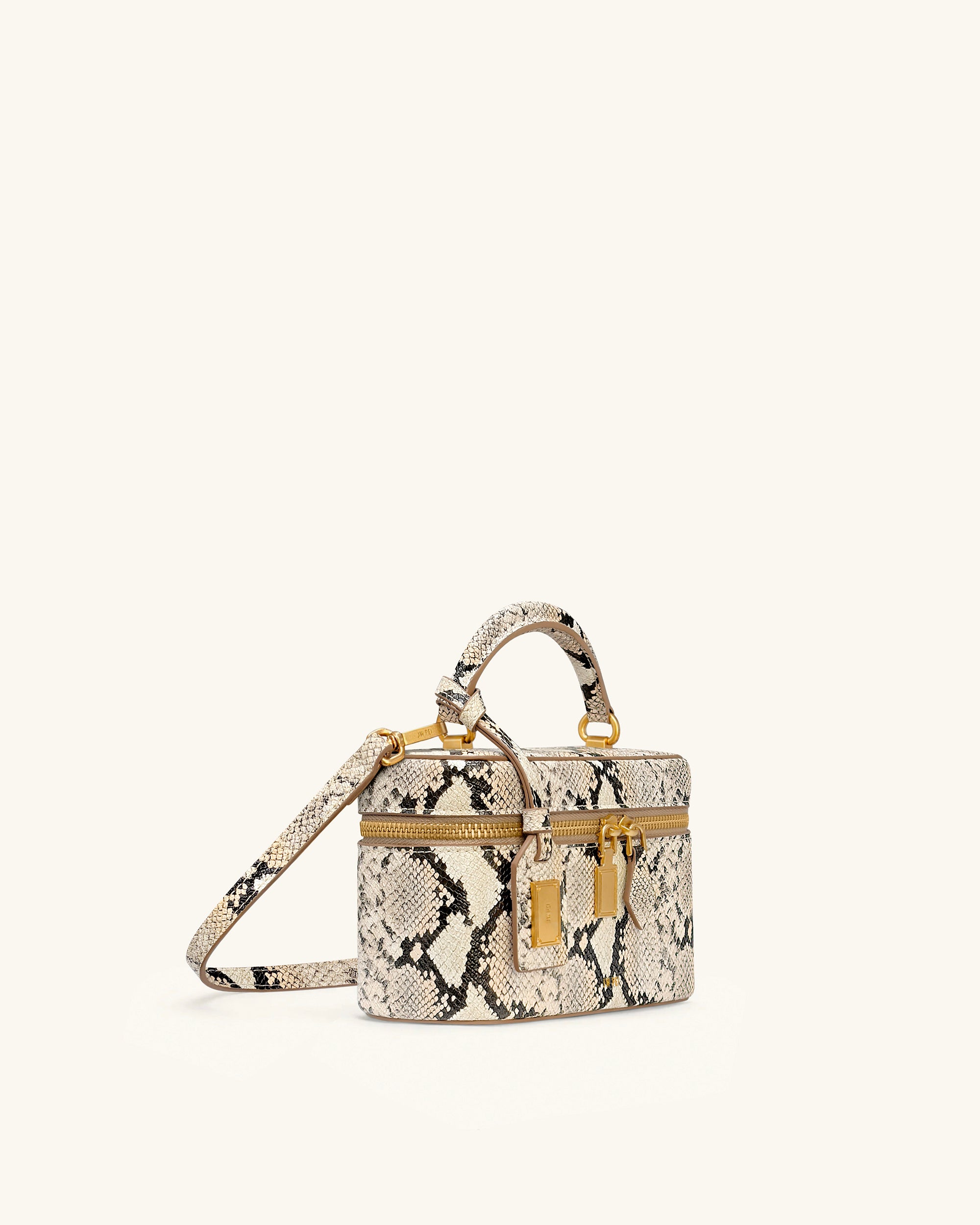 Cleo Snake-Embossed Box Shape Top Handle Bag - Beige