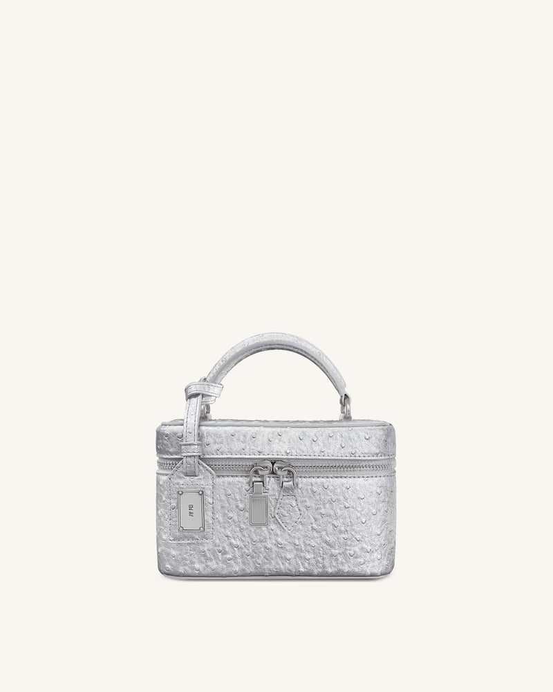 Cleo Faux Ostrich Texture Box Shape Top Handle Bag - Silver