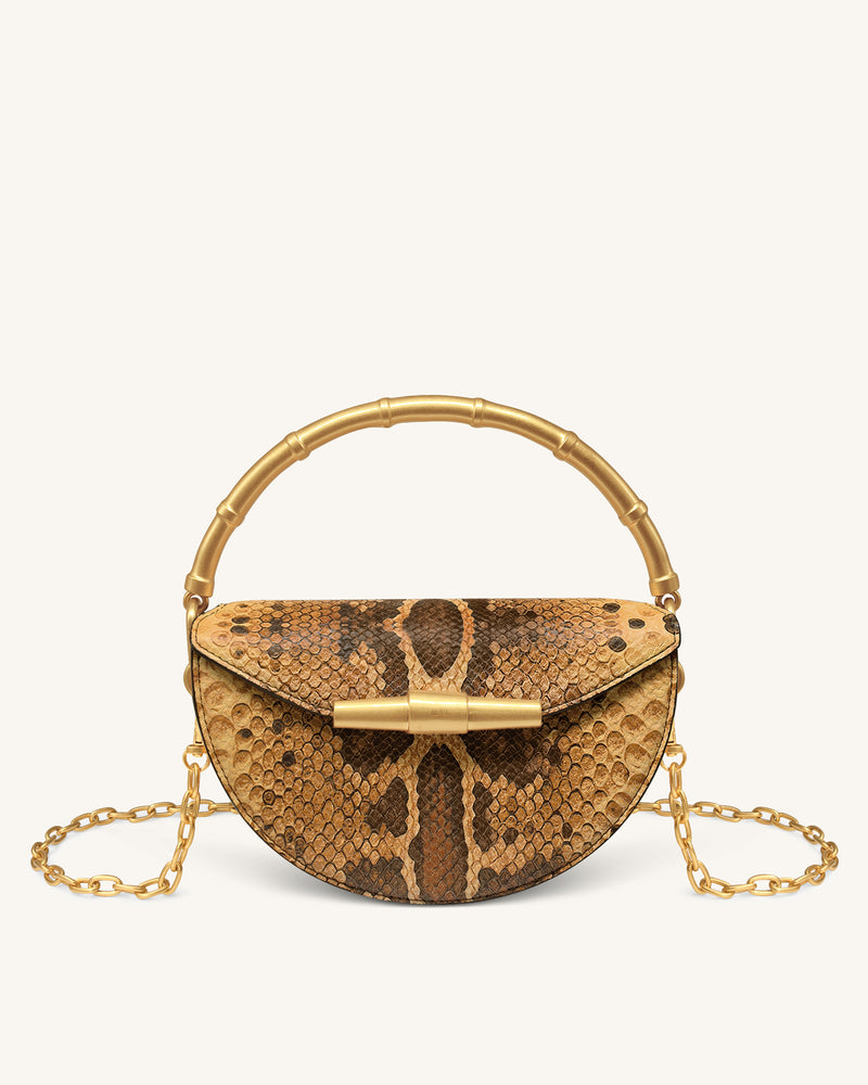 Sylvie Snake Print Half-Moon Top Handle Bag - Yellowish Brown