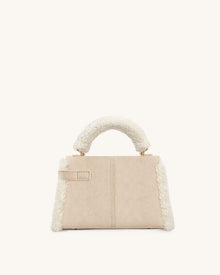 Elise Faux Suede Shearling Trim Top Handle Bag - Taupe