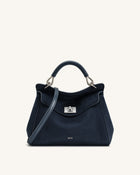 Lucia Classic Faux Suede Top Handle Bag - Navy Blue