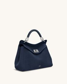 Lucia Classic Faux Suede Top Handle Bag - Navy Blue
