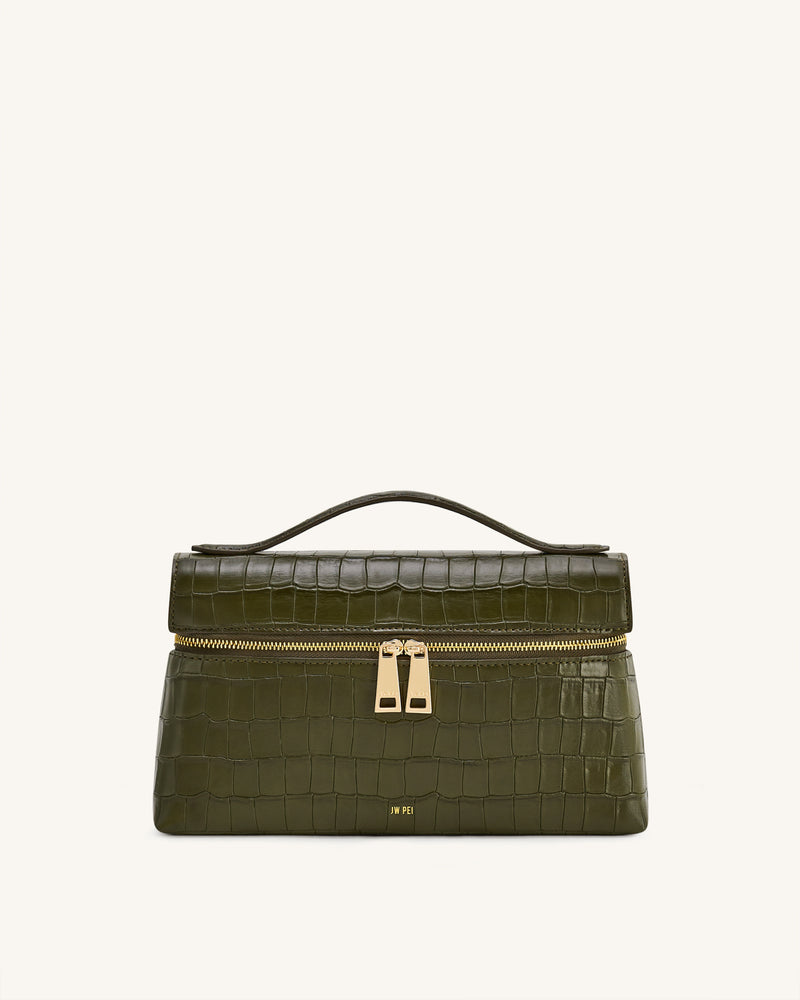 Thea Croc-Embossed Top Handle Bag - Olive Green