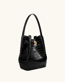 Clara Lock Accent Bucket Shoulder Bag - Black Croc